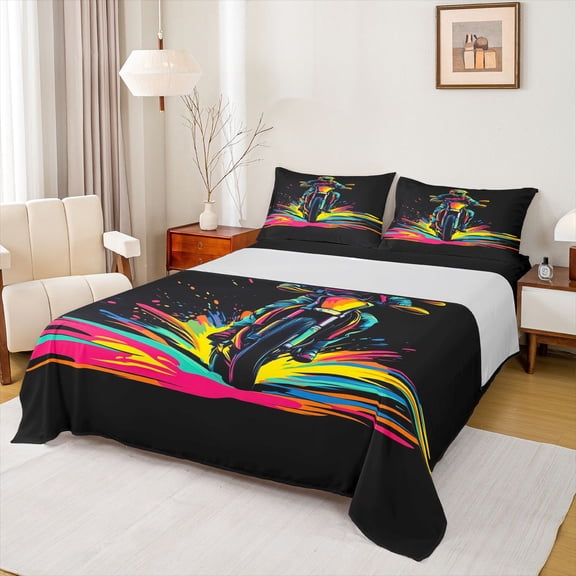 Castle Fairy Neon Dirt Bike Rider Bed Sheets 4pcs for Boys, Multicolor Splash Print King Sheets for Bedroom, Black Pink Yellow