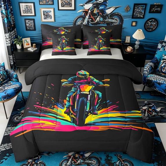 Castle Fairy Neon Dirt Bike Rider Twin Bedding Sets 7-Piece for Boys, Multicolor Splash Print Bedding Comforter Set for Bedroom, Black Pink Yellow,Grey Reversible