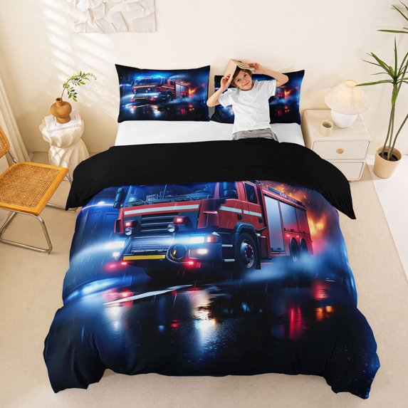 Castle Fairy Neon Fire Truck Queen Duvet Cover Set for Boys, Night City Art Bedding for Bedroom, Scarlet Navy,Black Reversible,3-Piece,No Comforter