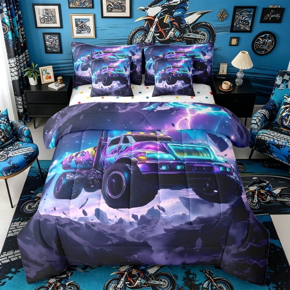 Castle Fairy Neon Galaxy Truck Bedding Comforter Set 7pcs for Boys, Lightning Off-Road Queen Bedding Sets for Bedroom, Purple Blue