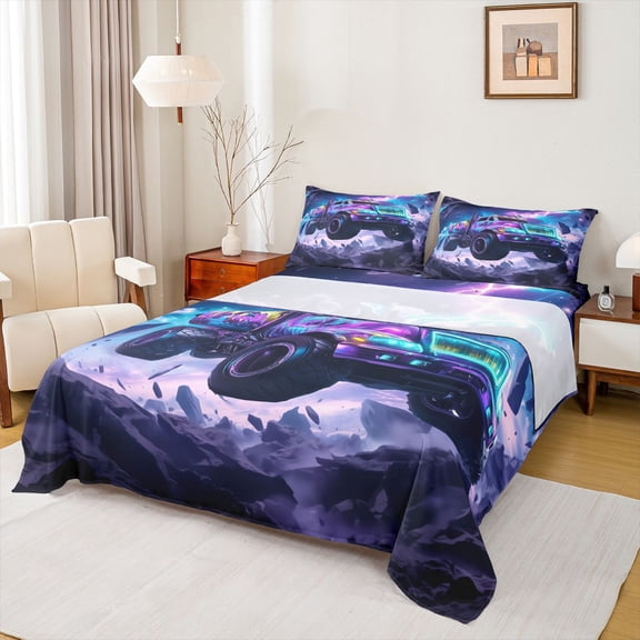 Castle Fairy Neon Galaxy Truck Full Size Sheets 4-Piece for Boys, Lightning Off-Road Bed Sheets for Bedroom, Purple Blue