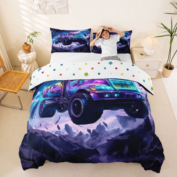 Castle Fairy Neon Galaxy Truck Queen Duvet Cover Set for Boys, Lightning Off-Road Bedding for Bedroom, Purple Blue,3-Piece,No Comforter