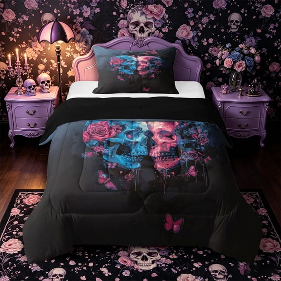 Castle Fairy Neon Gothic Skull Art Twin Comforter Sets 2pcs,Pink Rose Butterfly Splash Print Bedding Set,Blue Pink Black,1 Comforter and 1 Pillowcase,Black Reversible