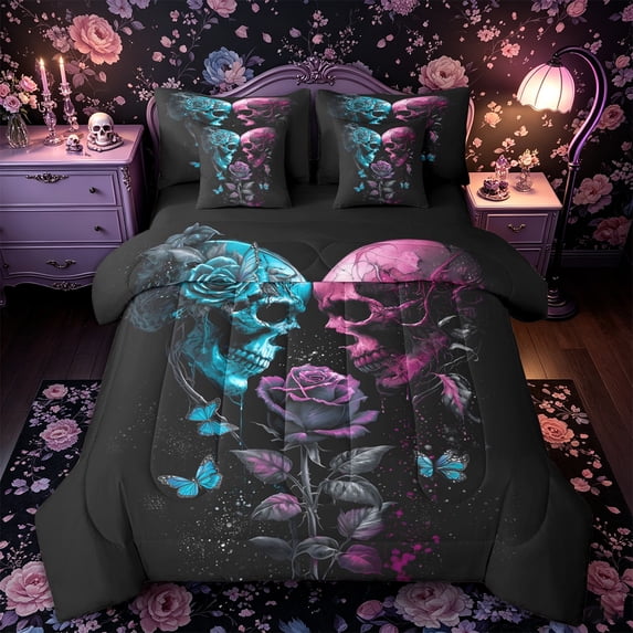 Castle Fairy Neon Gothic Skull Couple 7-Piece Twin Bedding,Halloween Butterfly Rose Bedding Comforter Set,Cyan Magenta,Black Reversible