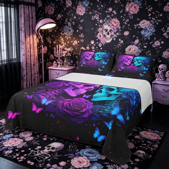 Castle Fairy Neon Gothic Skull Couple King Sheets 4pcs,Rose Butterfly Starry Sky Bedding,Magenta Cyan Black,1 Fitted Sheet,1 Flat Sheet and 2 Pillowcases
