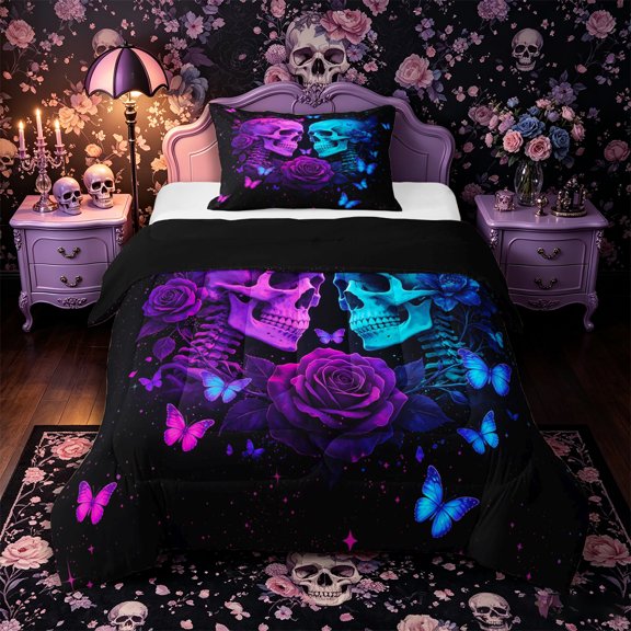 Castle Fairy Neon Gothic Skull Couple Twin Comforter Sets 2pcs,Rose Butterfly Starry Sky Bedding Set,Magenta Cyan Black,1 Comforter and 1 Pillowcase,Black Reversible