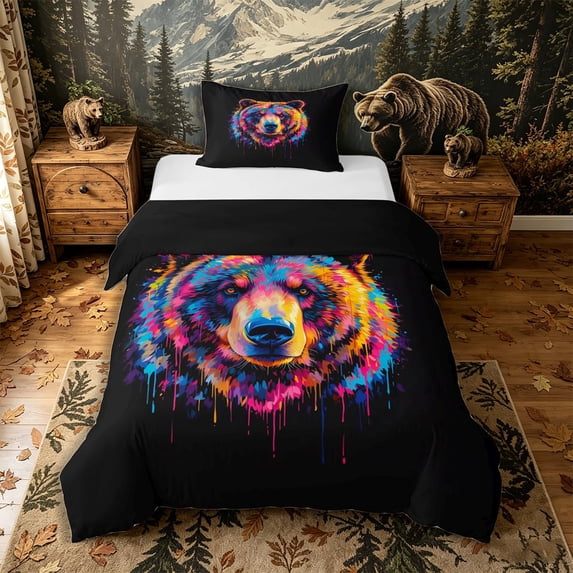 Castle Fairy Neon Graffiti Bear Twin Duvet Cover,Colorful Watercolor Splash Twin Bedding,Rainbow Black,Black Reversible,2pcs,No Comforter,1 Duvet Cover and 1 Pillowcase