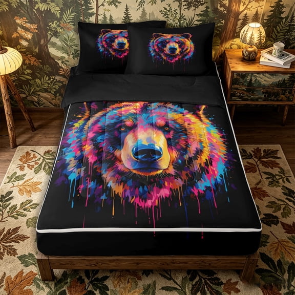Castle Fairy Neon Graffiti Bear Zipper Twin Comforter Sets with Fitted Sheet and 2 Pillowcases,Colorful Watercolor Splash Zipper Bedding Set,Rainbow Black,Black Reversible,4-Piece