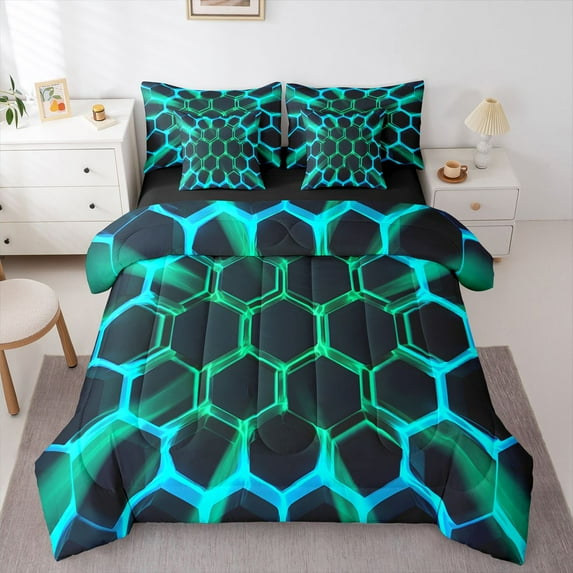 Castle Fairy Neon Honeycomb Boy Bedding Comforter Set,Gradient Hexagon King Bedding Sets