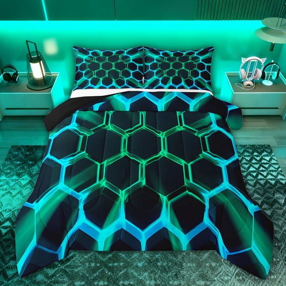 Castle Fairy Neon Honeycomb Queen Comforter Set,Gradient Hexagon Bedding Comforter Set