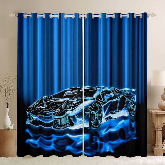 Castle Fairy Neon Line Sports Car Curtains Pack of 2 (42x84 Each) for Boys, Glow Race Art Curtains Blackout for Bedroom, Blue Black