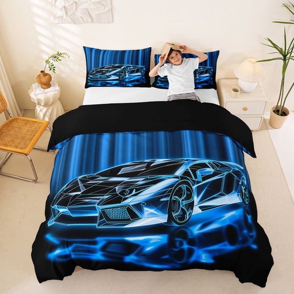 Castle Fairy Neon Line Sports Car Duvet Cover Set for Boys, Glow Race Art Bedding Full for Bedroom, Blue Black,Black Reversible,3pcs,No Comforter