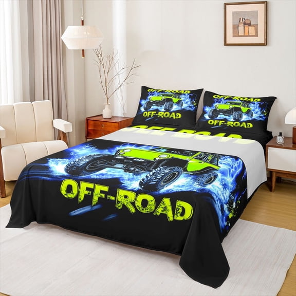 Castle Fairy Neon Off-Road Truck Bed Sheets 4pcs for Kids, Lightning Water Design King Sheets for Bedroom, Green Blue