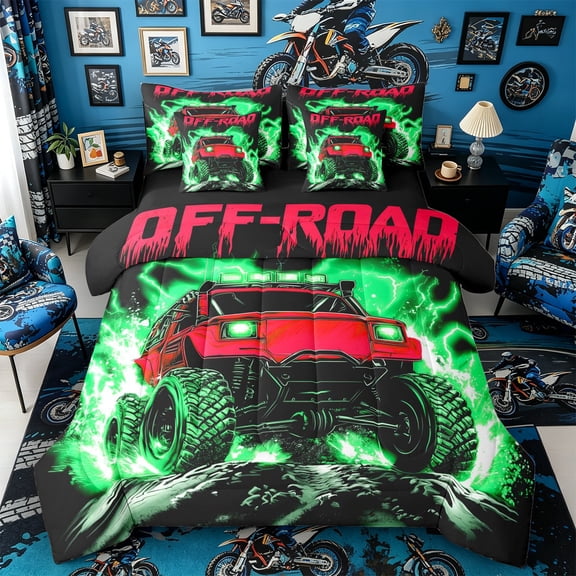 Castle Fairy Neon Off-Road Truck Bedding Comforter Set 7-Piece for Kids, Lightning Splash Print King Bedding Sets for Bedroom, Red Green,Black Reversible