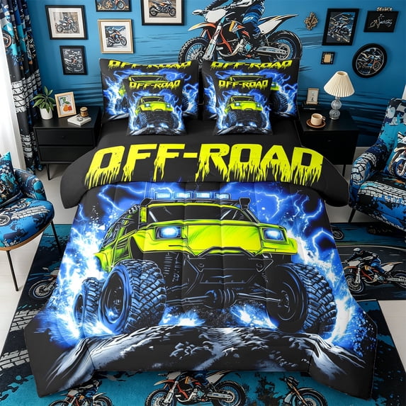 Castle Fairy Neon Off-Road Truck Bedding Comforter Set 7 Pieces for Boys, Lightning Rock Design Full Bedding Set for Bedroom, Green Blue,Black Reversible