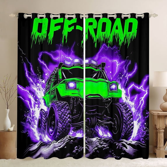 Castle Fairy Neon Off-Road Truck Blackout Curtains Set of 2 (52x84 Each) for Teens, Lightning Rock Print Window Curtains for Bedroom, Green Purple