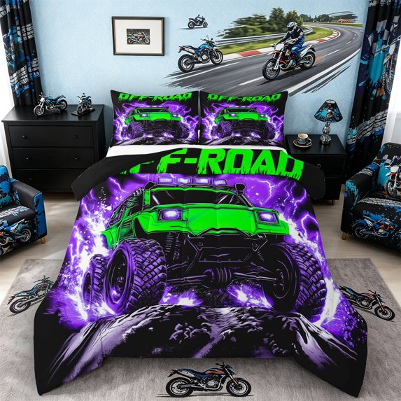 Castle Fairy Neon Off-Road Truck Full Size Comforter Sets 3 Pieces for Teens, Lightning Rock Print Bedding Sets for Bedroom, Green Purple,Black Reversible