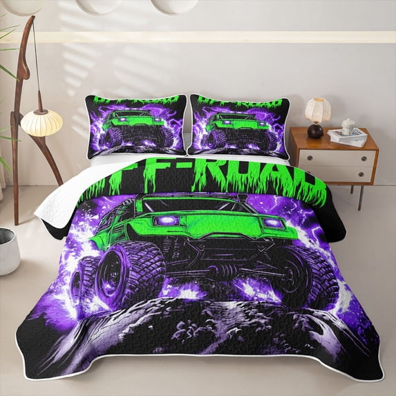 Castle Fairy Neon Off-Road Truck Quilt Full,Lightning Rock Print Full Bedspread Sets for Bedroom,Green Purple