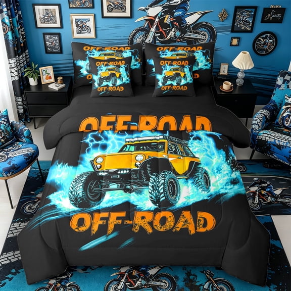 Castle Fairy Neon Off-Road Truck Twin Bedding Sets 7-Piece for Teens, Lightning Burst Print Bedding Comforter Set for Bedroom, Orange Blue,Black Reversible