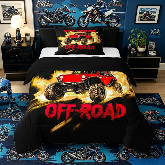 Castle Fairy Neon Off-Road Truck Twin Comforter Sets 3-Piece for Kids, Lightning Flame Design Bedding Set for Bedroom, Red Orange,Black Reversible
