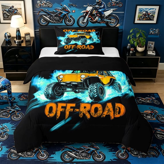 Castle Fairy Neon Off-Road Truck Twin Comforter Sets 3-Piece for Teens, Lightning Burst Print Bedding Set for Bedroom, Orange Blue,Black Reversible