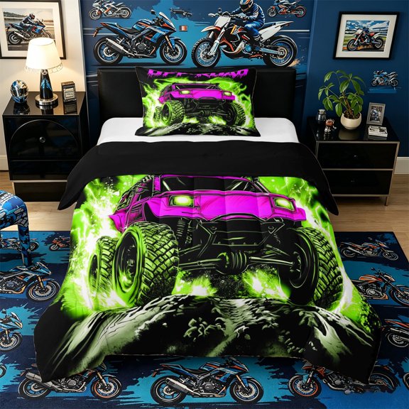 Castle Fairy Neon Off-Road Truck Twin Comforter Sets 3-Piece for Teens, Lightning Rock Art Bedding Set for Bedroom, Pink Green,Black Reversible