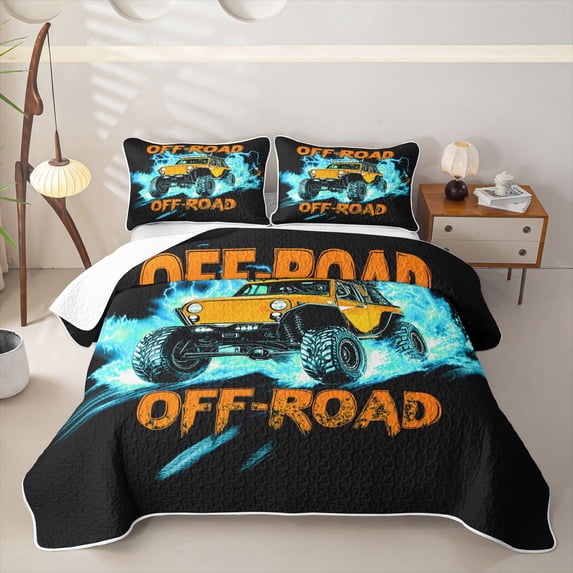 Castle Fairy Neon Off-Road Truck Twin Quilt Set,Lightning Burst Print Twin Coverlet Set for Bedroom,Orange Blue
