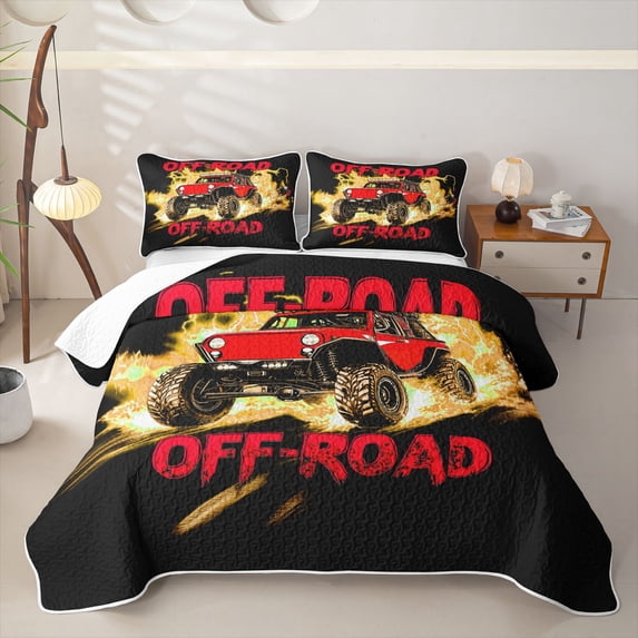 Castle Fairy Neon Off-Road Truck Twin Quilt Set,Lightning Flame Design Twin Coverlet Set for Bedroom,Red Orange