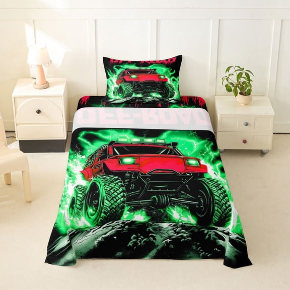 Castle Fairy Neon Off-Road Truck Twin Sheet Sets 3pcs for Kids, Lightning Splash Print Bedding for Bedroom, Red Green