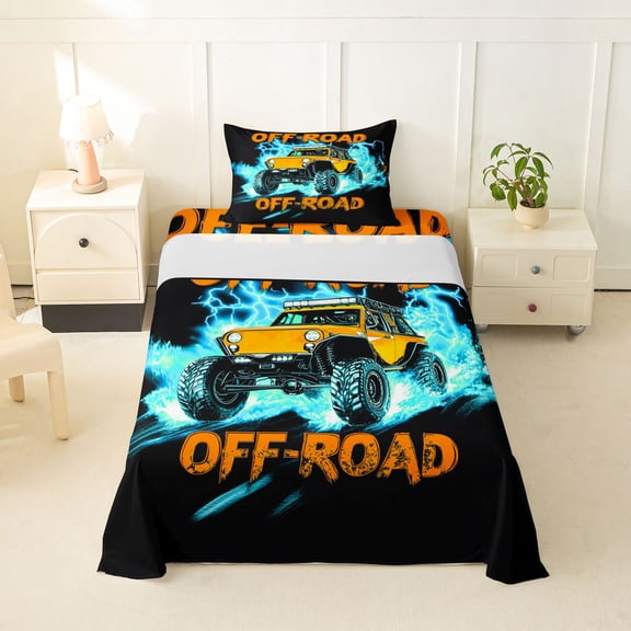 Castle Fairy Neon Off-Road Truck Twin Sheet Sets 3pcs for Teens, Lightning Burst Print Bedding for Bedroom, Orange Blue