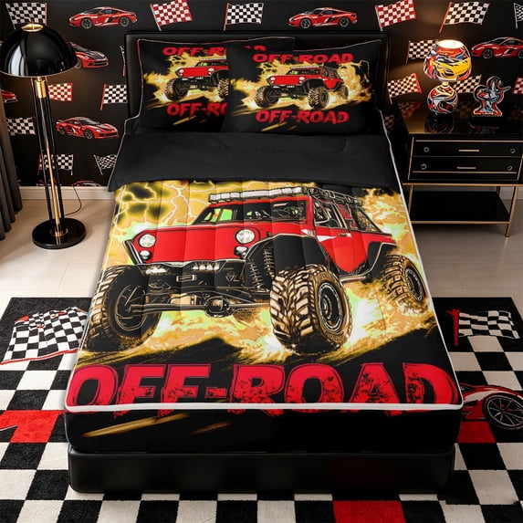 Castle Fairy Neon Off-Road Truck Zipper Twin Comforter Sets with Fitted Sheet and 2 Pillowcases,Lightning Flame Design Zipper Bedding Set for Bedroom,Red Orange,4-Piece,Black Reversible