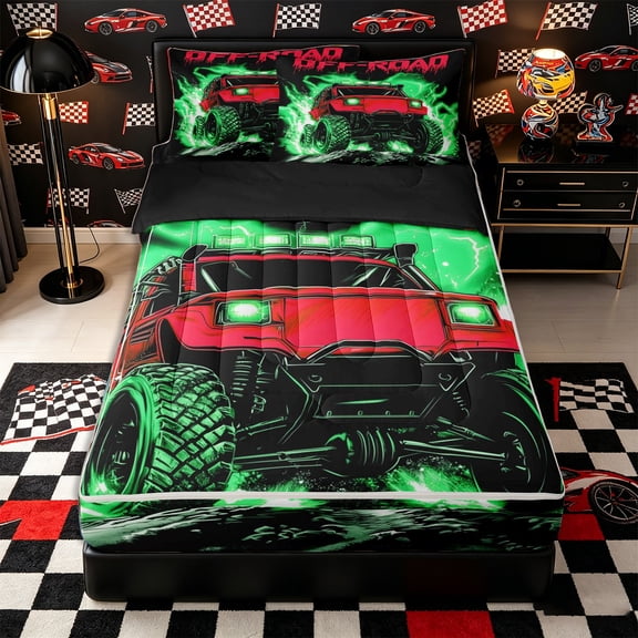 Castle Fairy Neon Off-Road Truck Zipper Twin Comforter Sets with Fitted Sheet and 2 Pillowcases,Lightning Splash Print Zipper Bedding Set for Bedroom,Red Green,4-Piece,Black Reversible
