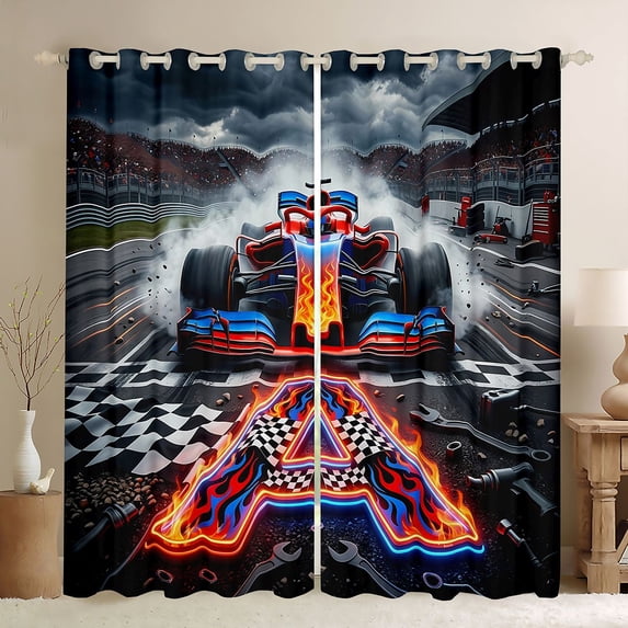 Castle Fairy Neon Race Car Black Out Curtains for Boys, Checkered Flag A Curtains Pack of 2 (42x63 Each) for Bedroom, Red Blue Black