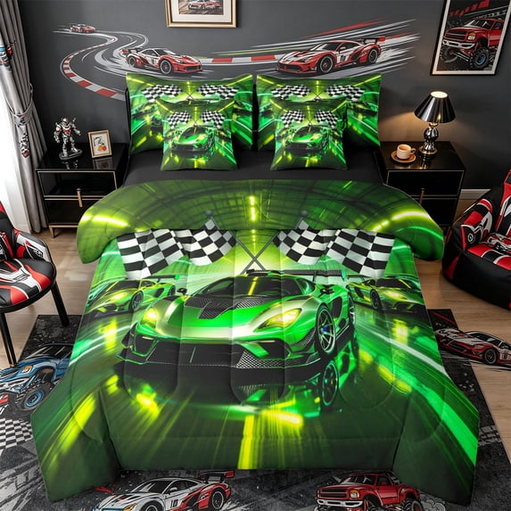 Castle Fairy Neon Race Car Trio Bedding Comforter Set 7pcs for Boys, Checkered Flag Design Queen Bedding Sets for Bedroom, Green Yellow,Black Reversible