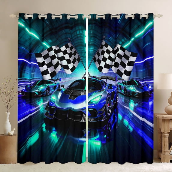 Castle Fairy Neon Race Car Trio Black Out Curtains for Teens, Checkered Flag Print Curtains Pack of 2 (42x63 Each) for Bedroom, Blue Teal