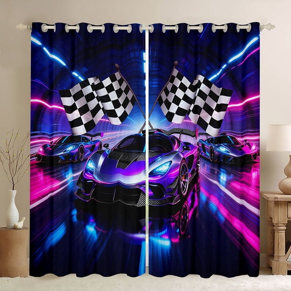 Castle Fairy Neon Race Car Trio Curtains Pack of 2 (42x84 Each) for Kids, Checkered Flag Glow Curtains Blackout for Bedroom, Purple Pink