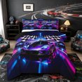 thumbnail image 1 of Castle Fairy Neon Race Car Trio Full Size Comforter Sets 3 Pieces for Kids, Checkered Flag Glow Bedding Sets for Bedroom, Purple Pink,Black Reversible, 1 of 6