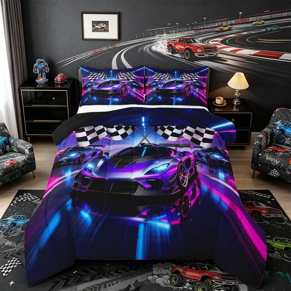 Castle Fairy Neon Race Car Trio Full Size Comforter Sets 3 Pieces for Kids, Checkered Flag Glow Bedding Sets for Bedroom, Purple Pink,Black Reversible