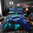 thumbnail image 1 of Castle Fairy Neon Race Car Trio Queen Comforter Set 3pcs for Teens, Checkered Flag Print Bedding Comforter Set for Bedroom, Blue Teal,Black Reversible, 1 of 6