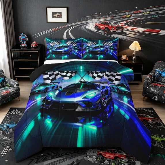 Castle Fairy Neon Race Car Trio Queen Comforter Set 3pcs for Teens, Checkered Flag Print Bedding Comforter Set for Bedroom, Blue Teal,Black Reversible