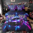 thumbnail image 1 of Castle Fairy Neon Race Car Trio Twin Bedding Sets 7-Piece for Kids, Checkered Flag Glow Bedding Comforter Set for Bedroom, Purple Pink,Black Reversible, 1 of 7