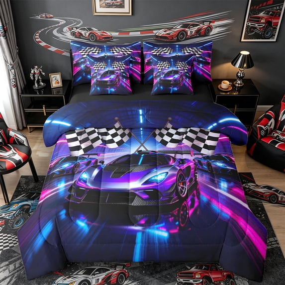 Castle Fairy Neon Race Car Trio Twin Bedding Sets 7-Piece for Kids, Checkered Flag Glow Bedding Comforter Set for Bedroom, Purple Pink,Black Reversible