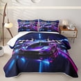 thumbnail image 1 of Castle Fairy Neon Race Car Trio Twin Quilt Set,Checkered Flag Glow Twin Coverlet Set for Bedroom,Purple Pink, 1 of 7