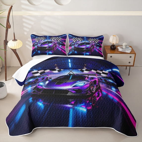Castle Fairy Neon Race Car Trio Twin Quilt Set,Checkered Flag Glow Twin Coverlet Set for Bedroom,Purple Pink