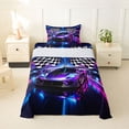 thumbnail image 1 of Castle Fairy Neon Race Car Trio Twin Sheet Sets 3pcs for Kids, Checkered Flag Glow Bedding for Bedroom, Purple Pink, 1 of 6