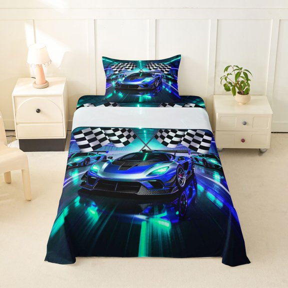 Castle Fairy Neon Race Car Trio Twin Sheet Sets 3pcs for Teens, Checkered Flag Print Bedding for Bedroom, Blue Teal
