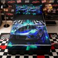 thumbnail image 1 of Castle Fairy Neon Race Car Trio Zipper Full Size Comforter Sets with Fitted Sheet and 2 Pillowcases,Checkered Flag Print Zipper Bedding Set for Bedroom,Blue Teal,4pcs,Black Reversible, 1 of 6