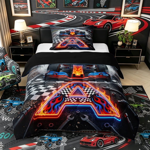 Castle Fairy Neon Race Car Twin Comforter Sets 3-Piece for Boys, Checkered Flag A Bedding Set for Bedroom, Red Blue Black,Black Reversible