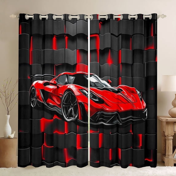 Castle Fairy Neon Red Sports Car Black Out Curtains for Teens, Grid Print Curtains Pack of 2 (42x63 Each) for Bedroom, Red Black