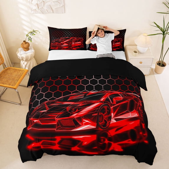 Castle Fairy Neon Red Sports Car Duvet Cover Set for Teens, Grunge Hexagon Bedding Full for Bedroom, Red Black,Black Reversible,3pcs,No Comforter